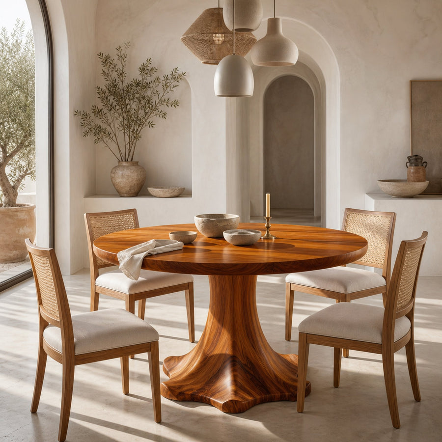Farmhouse Dining Table With Sculptural Wooden Base Farmhouse Round Dining Table With Sculptural Wooden Base For Dining Room