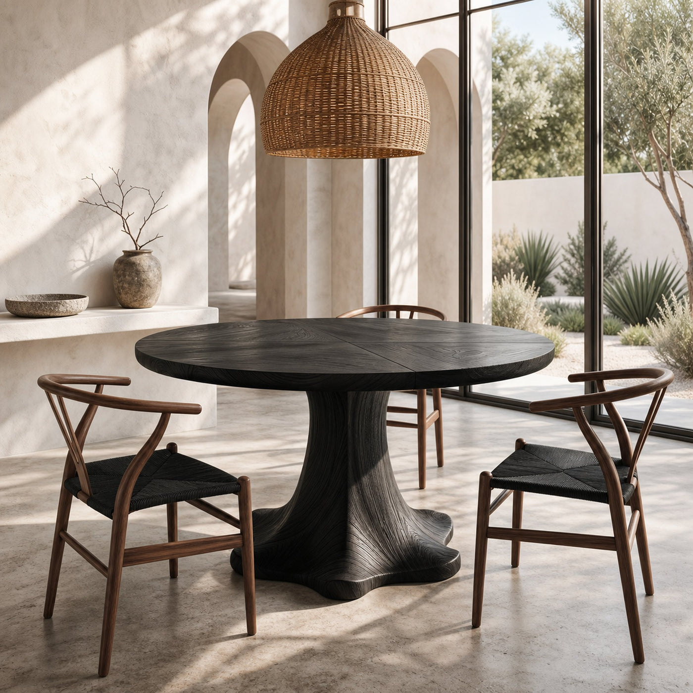 Farmhouse Dining Table With Sculptural Wooden Base Farmhouse Round Dining Table With Sculptural Wooden Base For Dining Room…