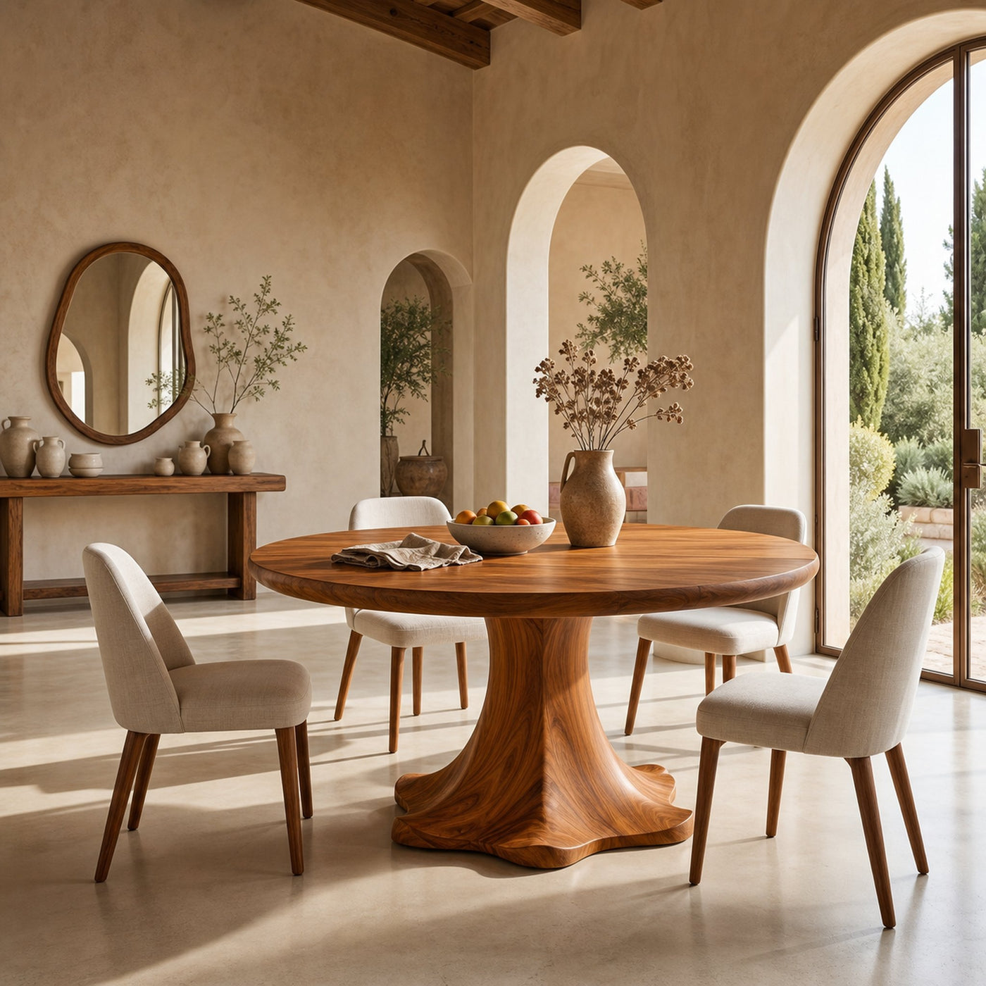 Farmhouse Dining Table With Sculptural Wooden Base Farmhouse Round Dining Table With Sculptural Wooden Base For Dining Room…
