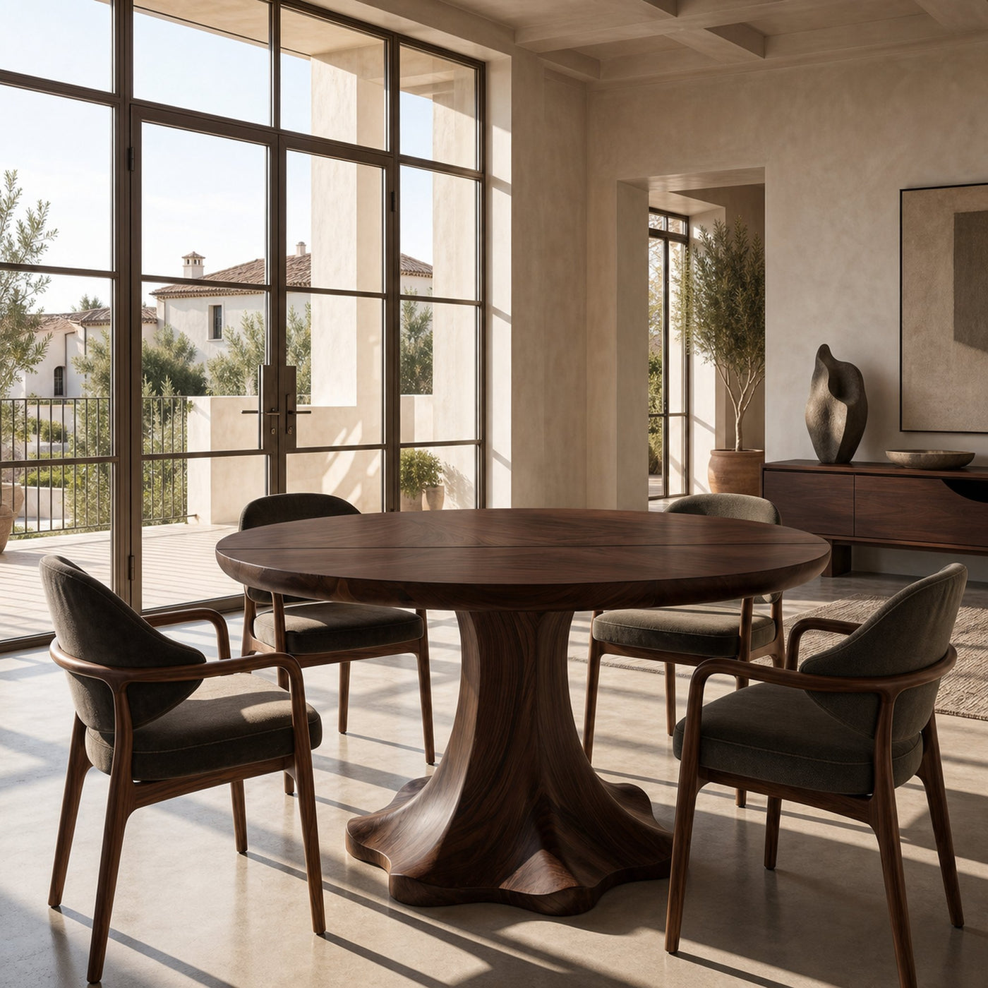 Farmhouse Dining Table With Sculptural Wooden Base Farmhouse Round Dining Table With Sculptural Wooden Base For Dining Room…
