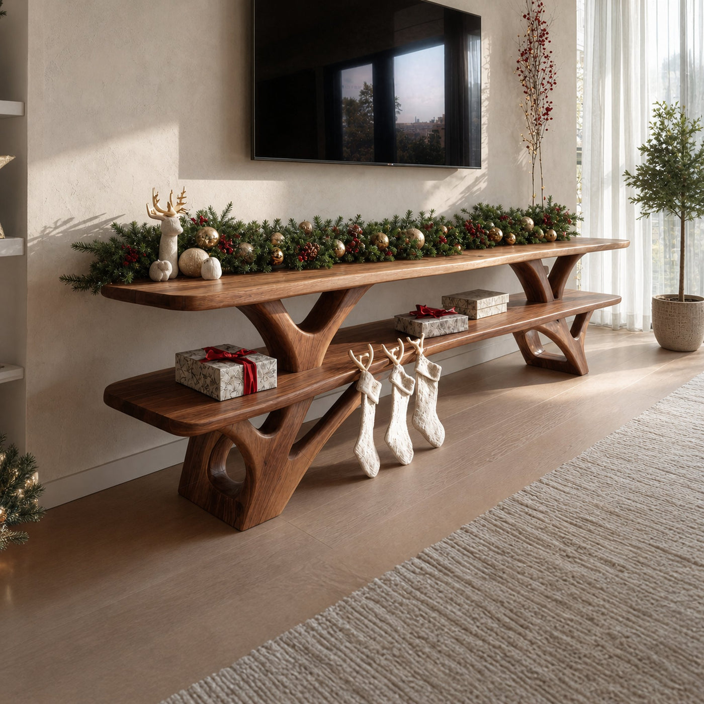 Farmhouse Solid Wood TV Console For Christmas Entryway Furniture