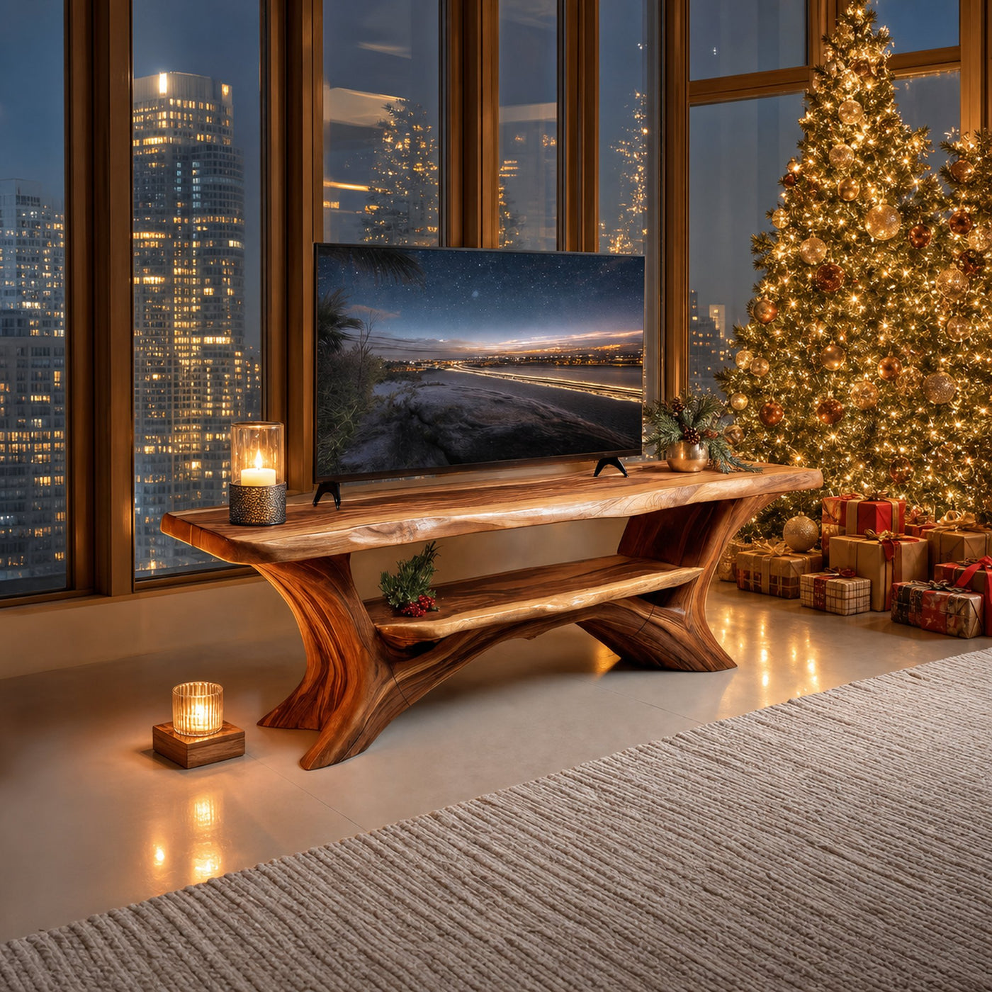 Farmhouse Solid Wood TV Console For Christmas Home Decor