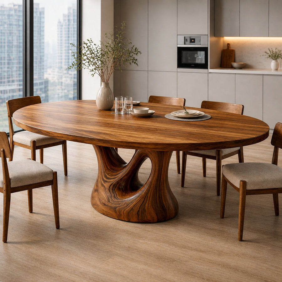 Farmhouse Wooden Dining Table With Sculptural Base For Dining Room