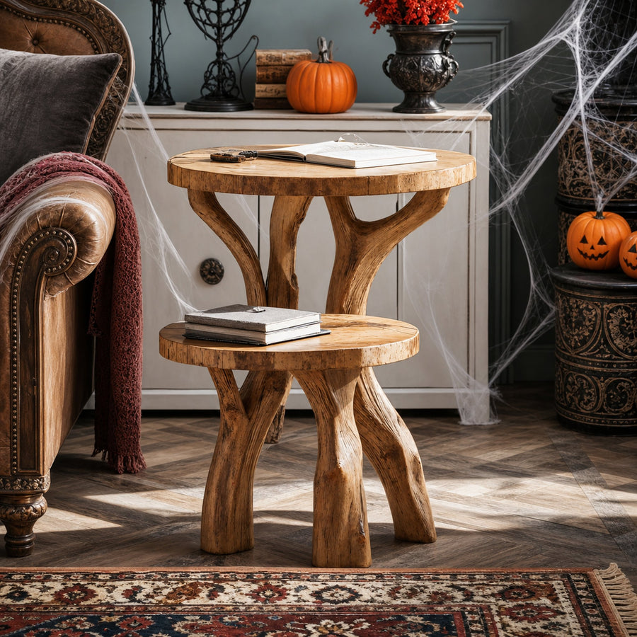 Farmhouse Wooden Live Edge End Table For Living Room Halloween Decor