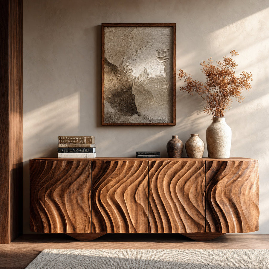 Farmhouse Wooden Sideboard With Carved Wave Doors For Living Storage