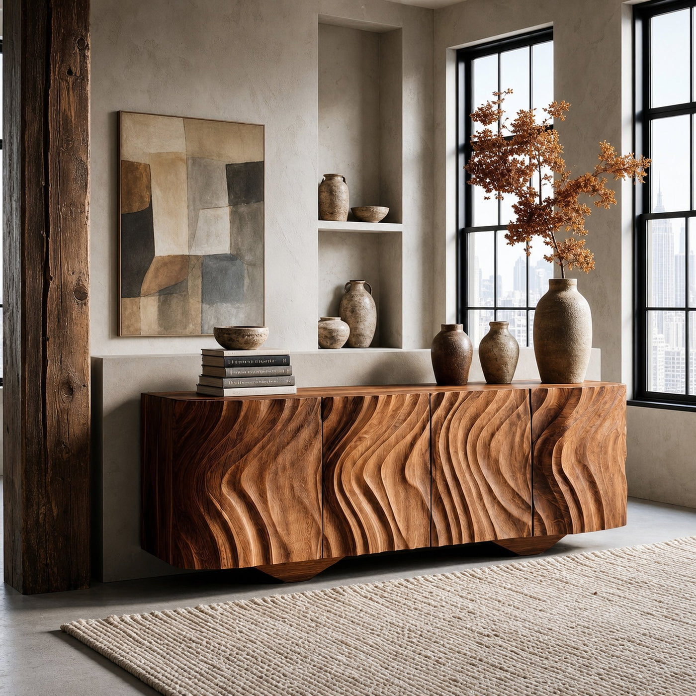Farmhouse Wooden Sideboard With Carved Wave Doors For Living Storage - product view 6