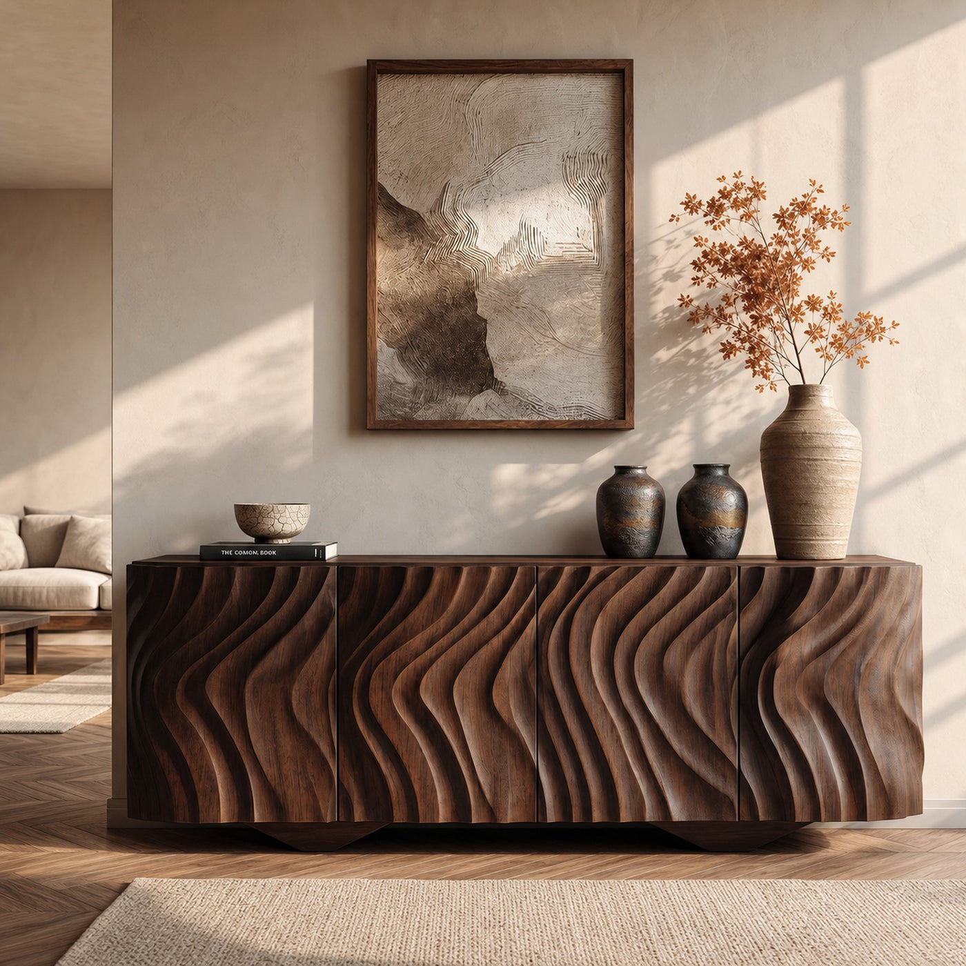Farmhouse Wooden Sideboard With Carved Wave Doors For Living Storage - product view 7