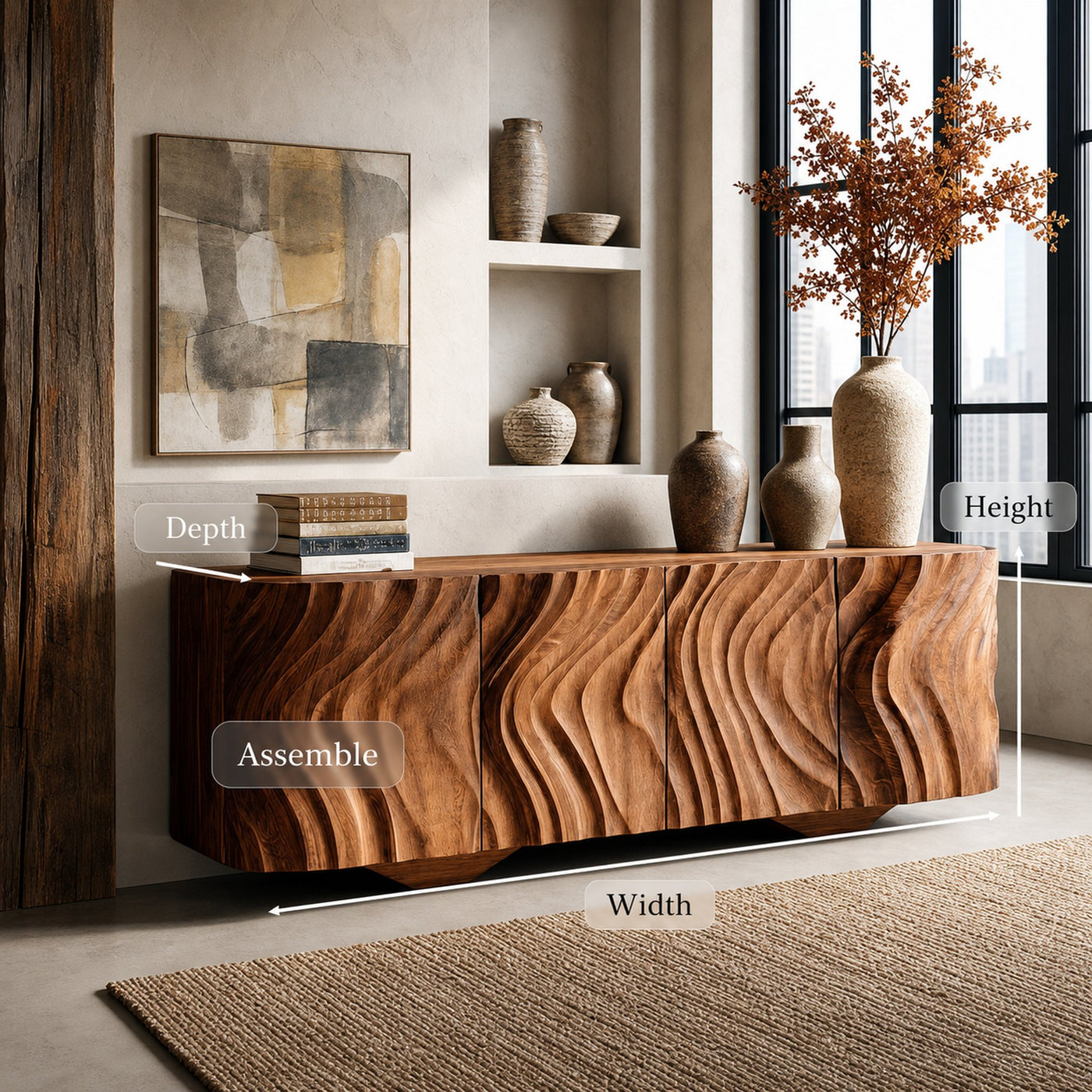 Farmhouse Wooden Sideboard With Carved Wave Doors For Living Storage - product view 8