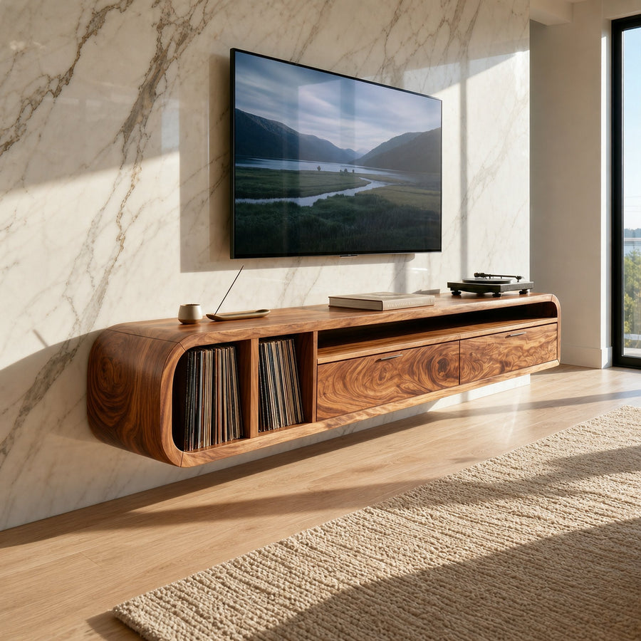 Floating Walnut TV Cabinet Vinyl Record Storage