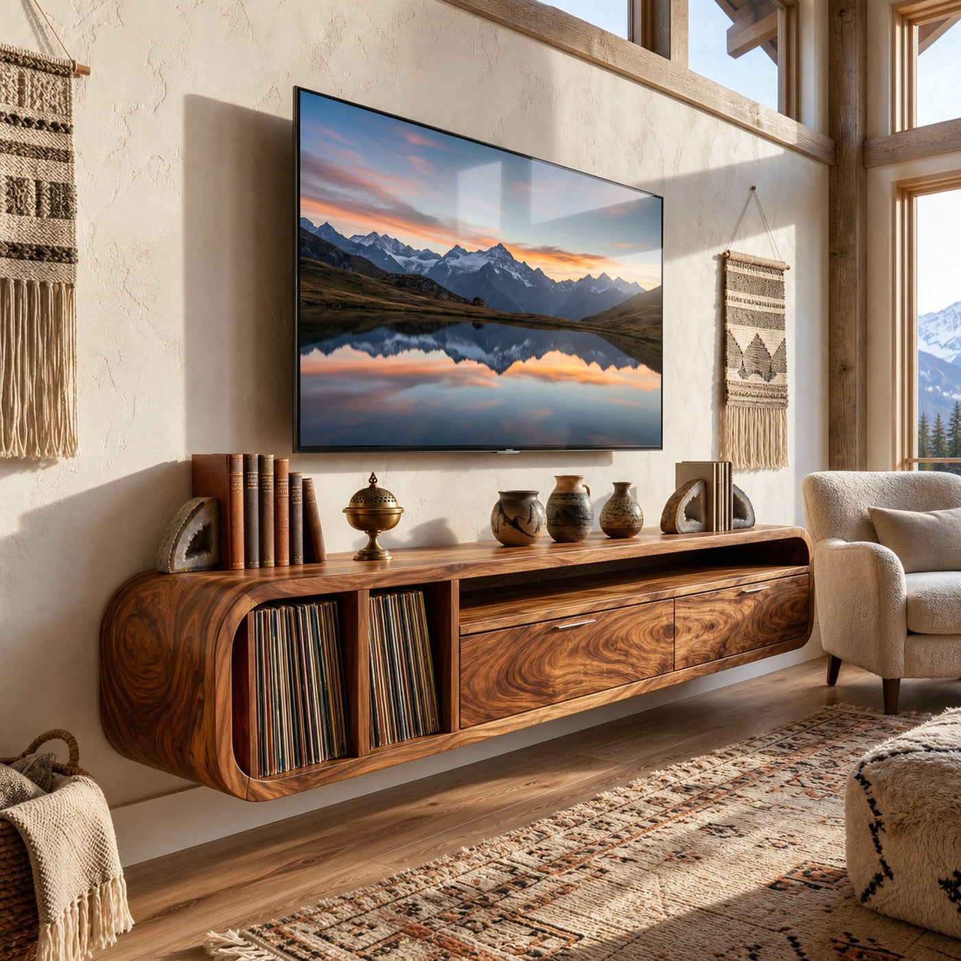 Floating Walnut TV Cabinet Vinyl Record Storage - product view 6