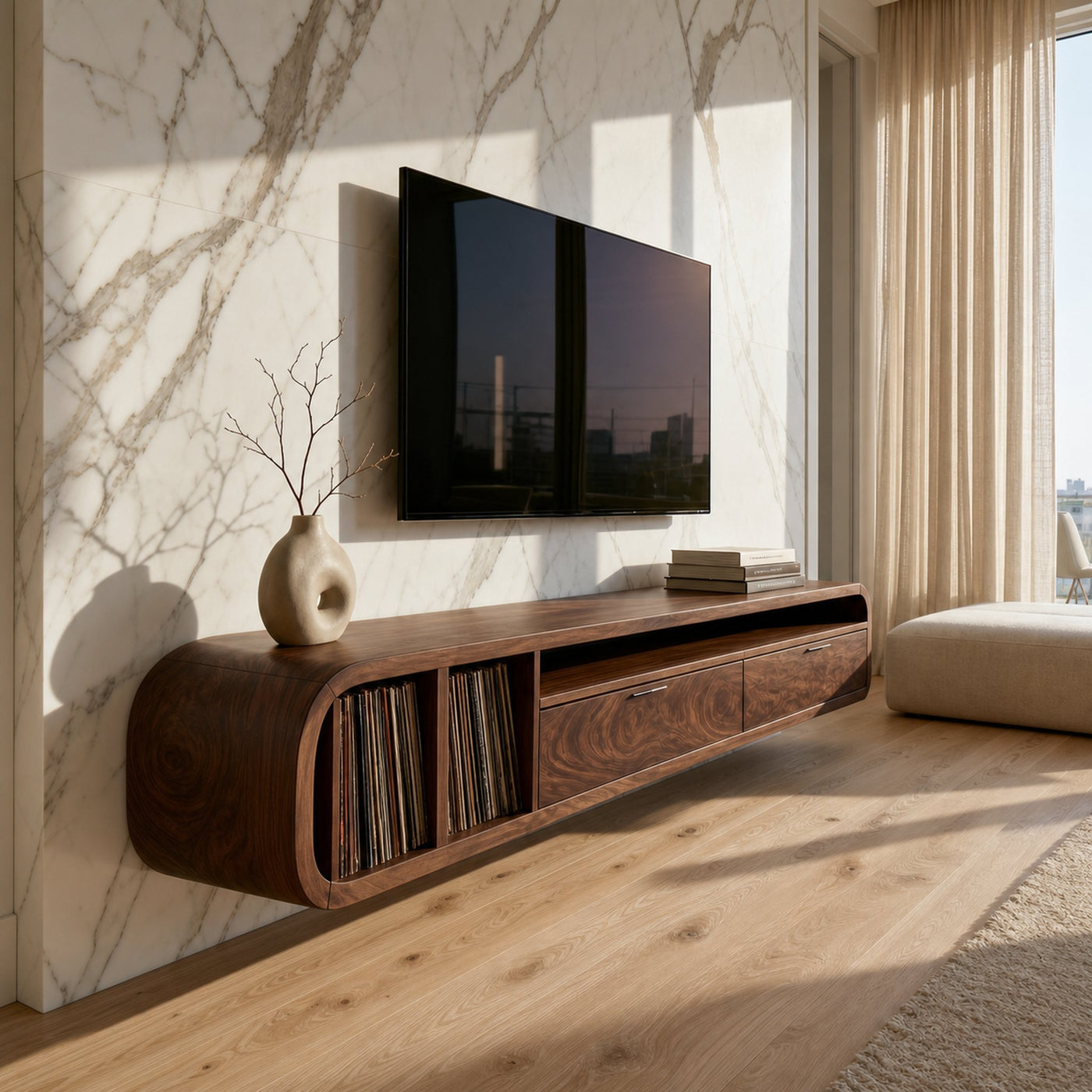 Floating Walnut TV Cabinet Vinyl Record Storage - product view 7