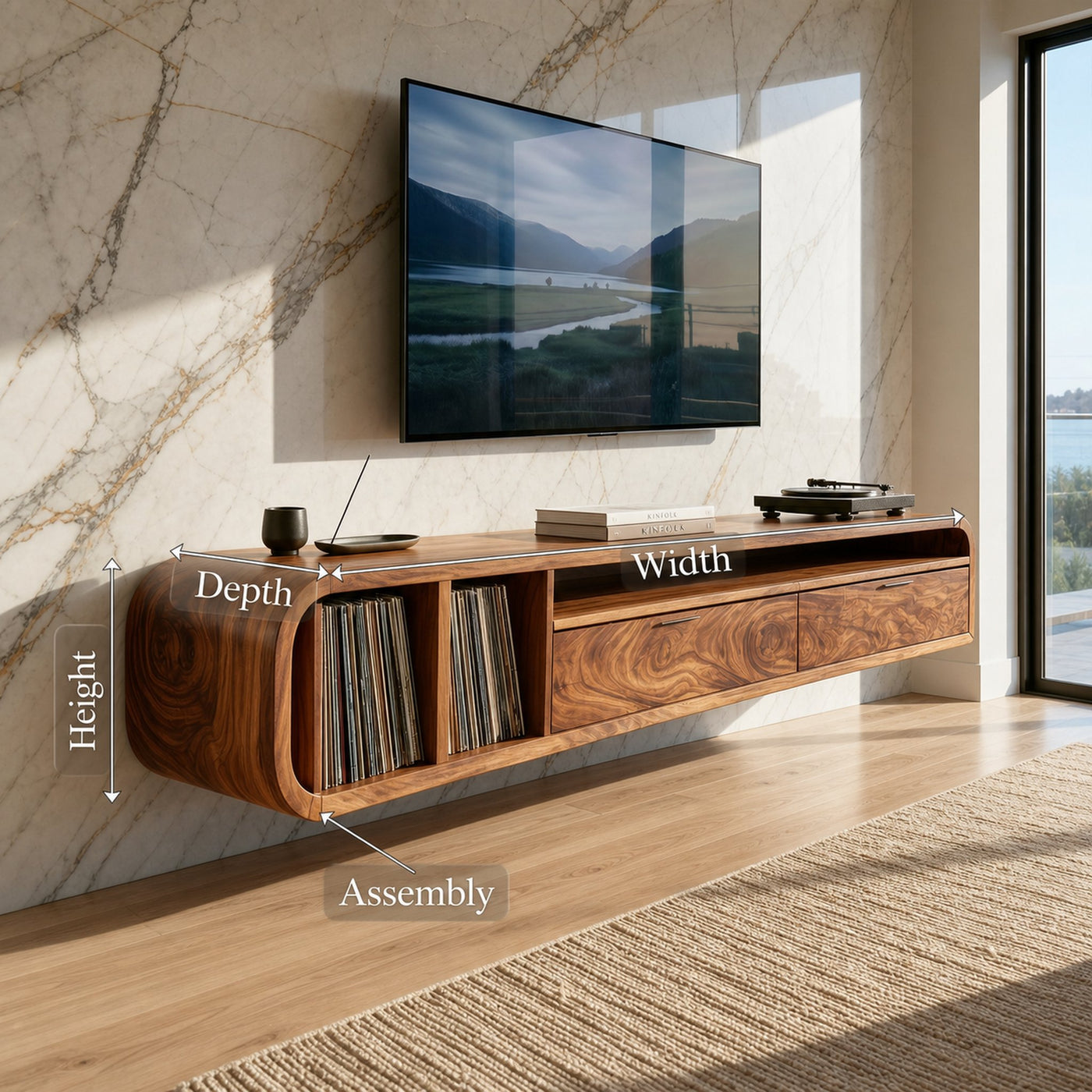 Floating Walnut TV Cabinet Vinyl Record Storage - product view 8