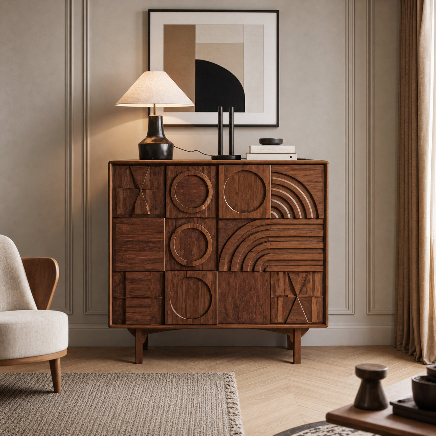 Geometric Carved Cabinet With Sculpted Doors For Entryway And Living Room