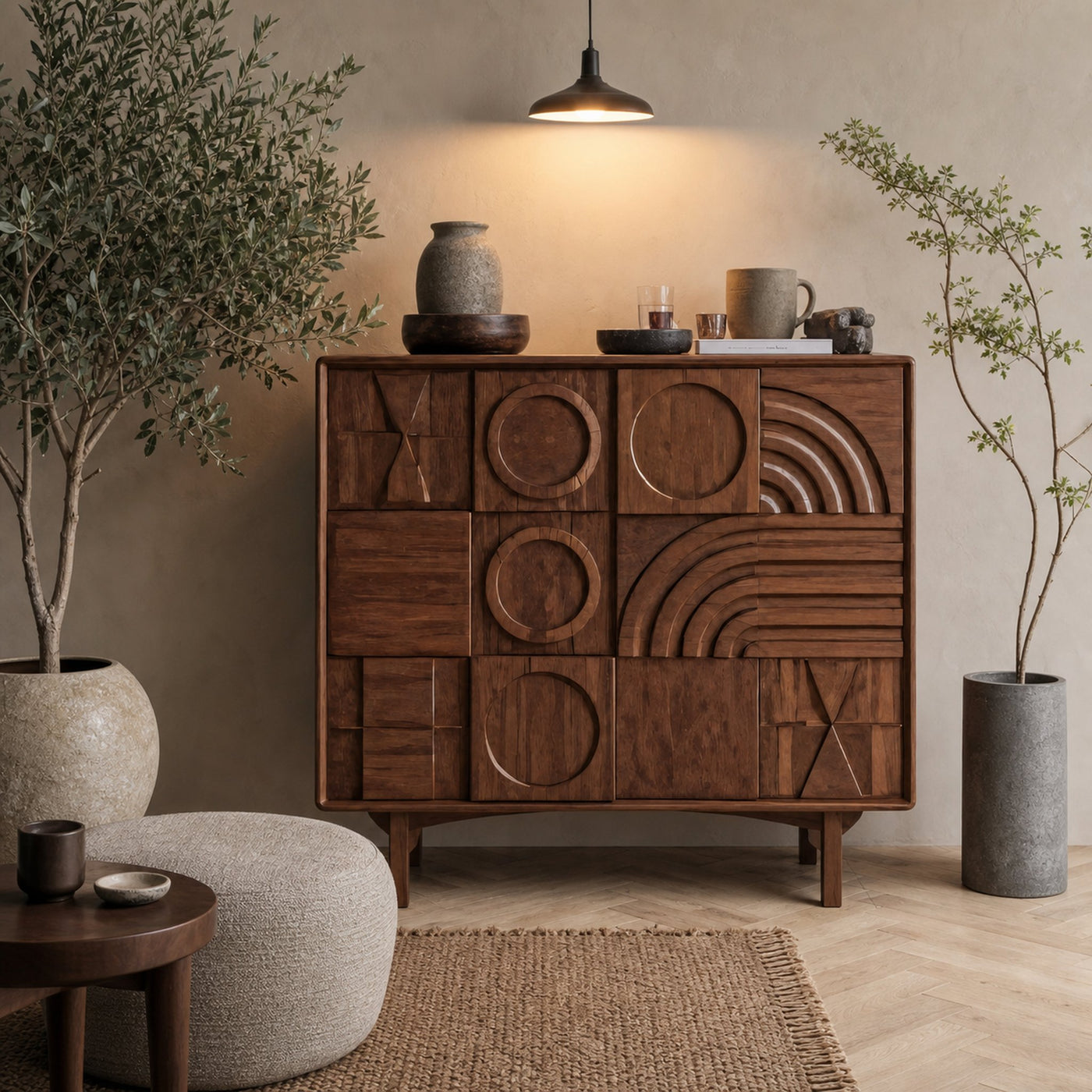 Geometric Carved Cabinet With Sculpted Doors For Entryway And Living Room - product view 2