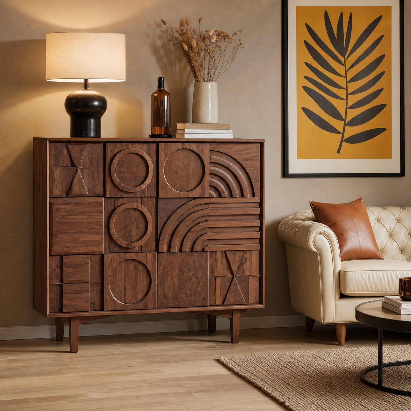 Geometric Carved Cabinet With Sculpted Doors For Entryway And Living Room - product view 3