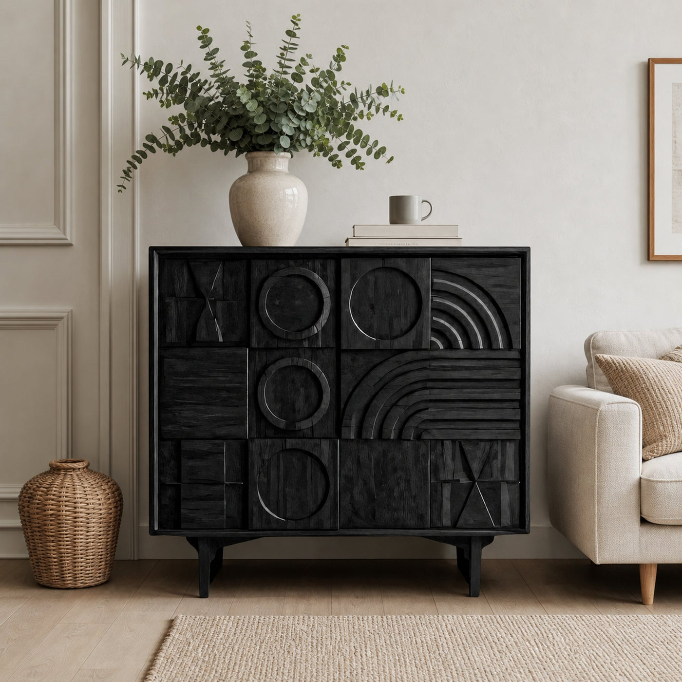Geometric Carved Cabinet With Sculpted Doors For Entryway And Living Room - product view 4