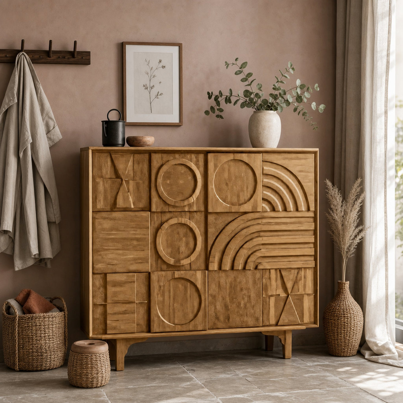 Geometric Carved Cabinet With Sculpted Doors For Entryway And Living Room - product view 5