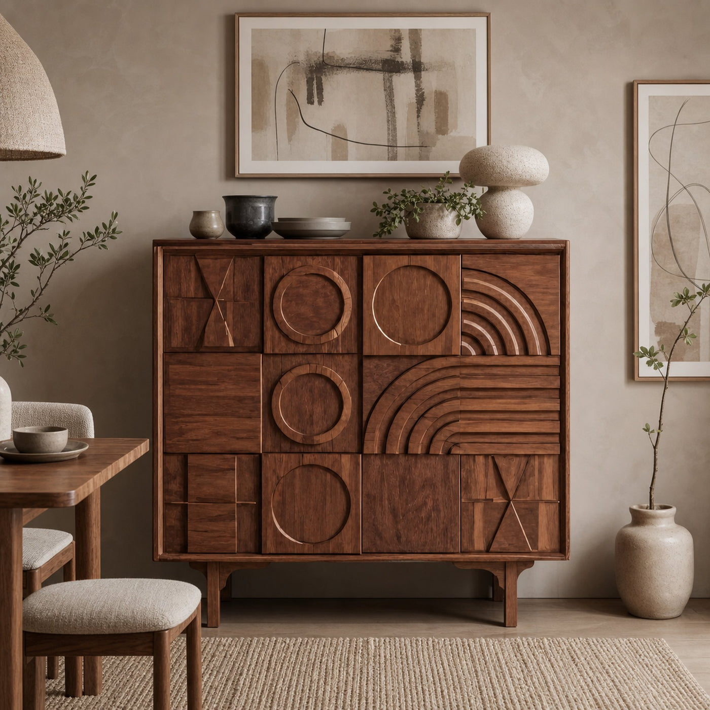 Geometric Carved Cabinet With Sculpted Doors For Entryway And Living Room - product view 6