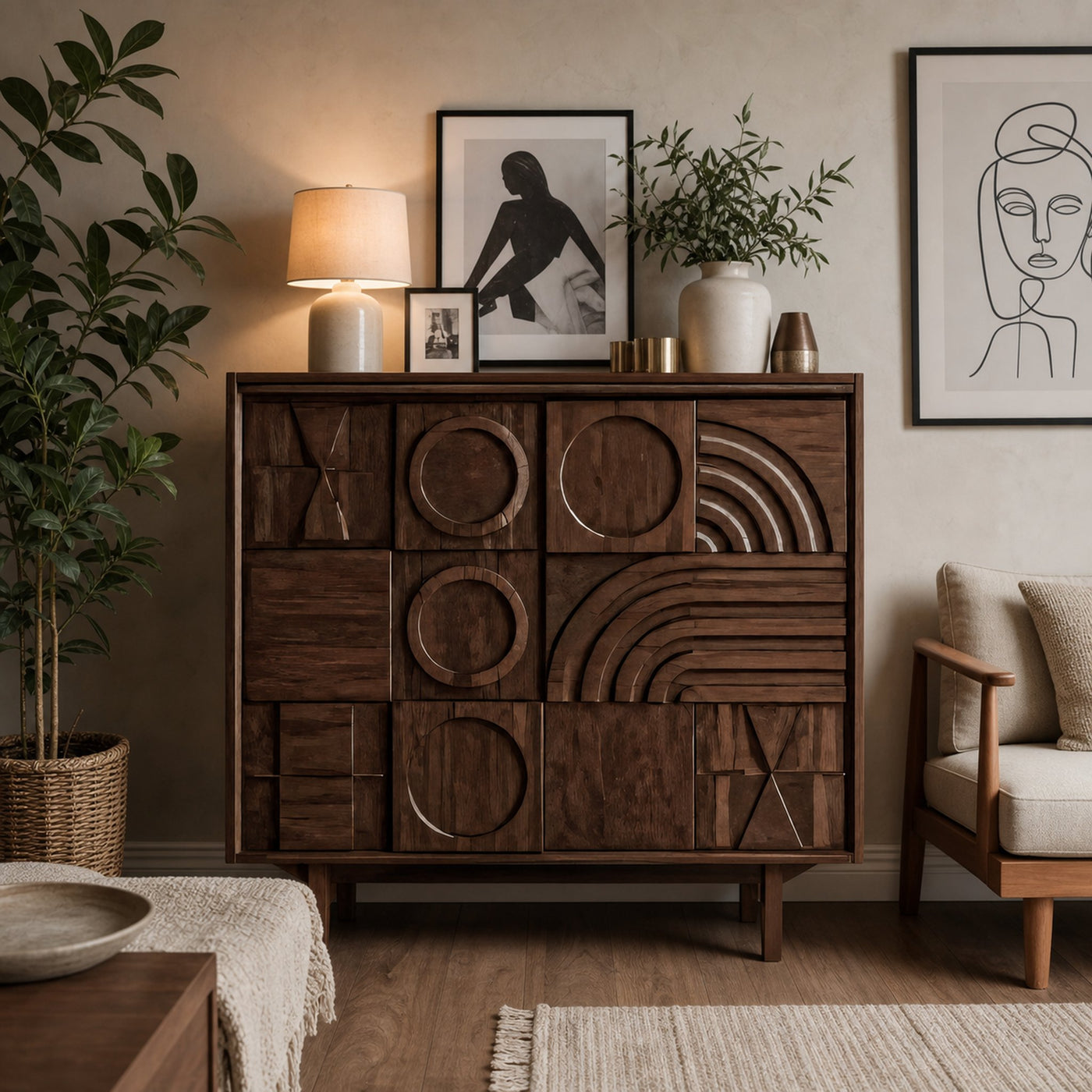 Geometric Carved Cabinet With Sculpted Doors For Entryway And Living Room - product view 7