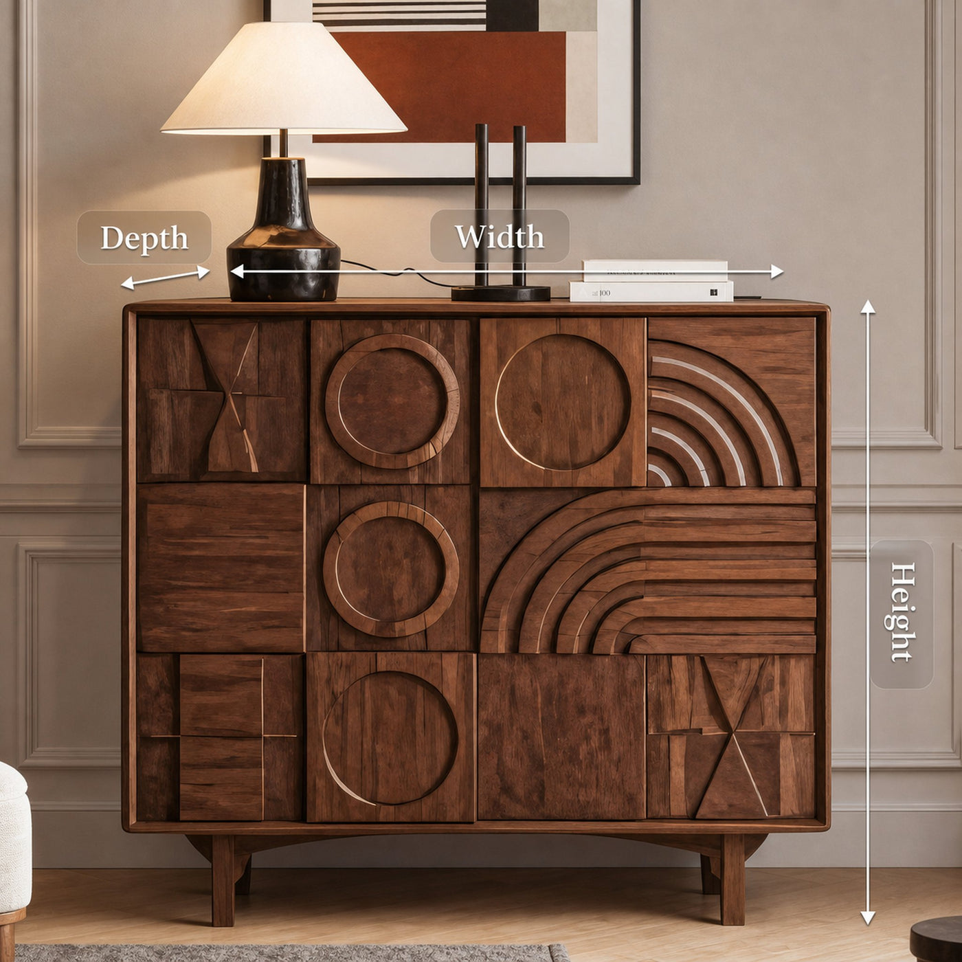 Geometric Carved Cabinet With Sculpted Doors For Entryway And Living Room - product view 8