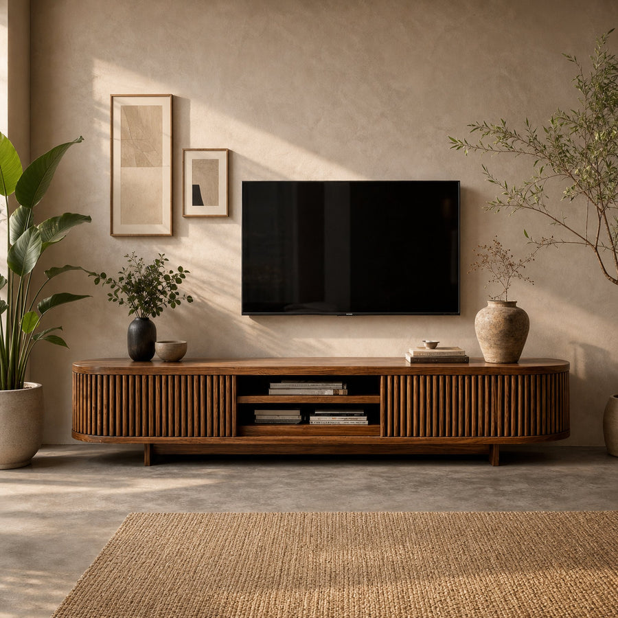 Hand Carved Wooden Media Cabinet For Living Room
