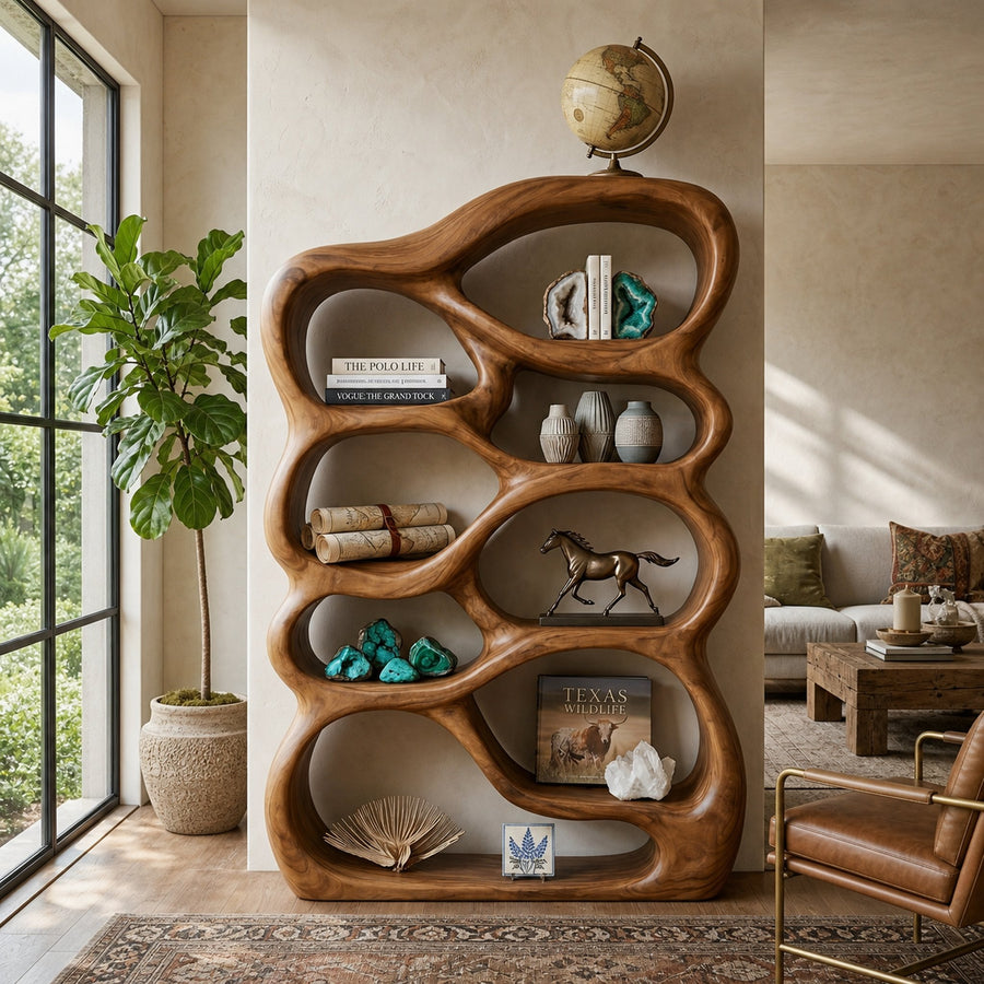Handcrafted Bookshelf With Curved Open Compartments For Living Room