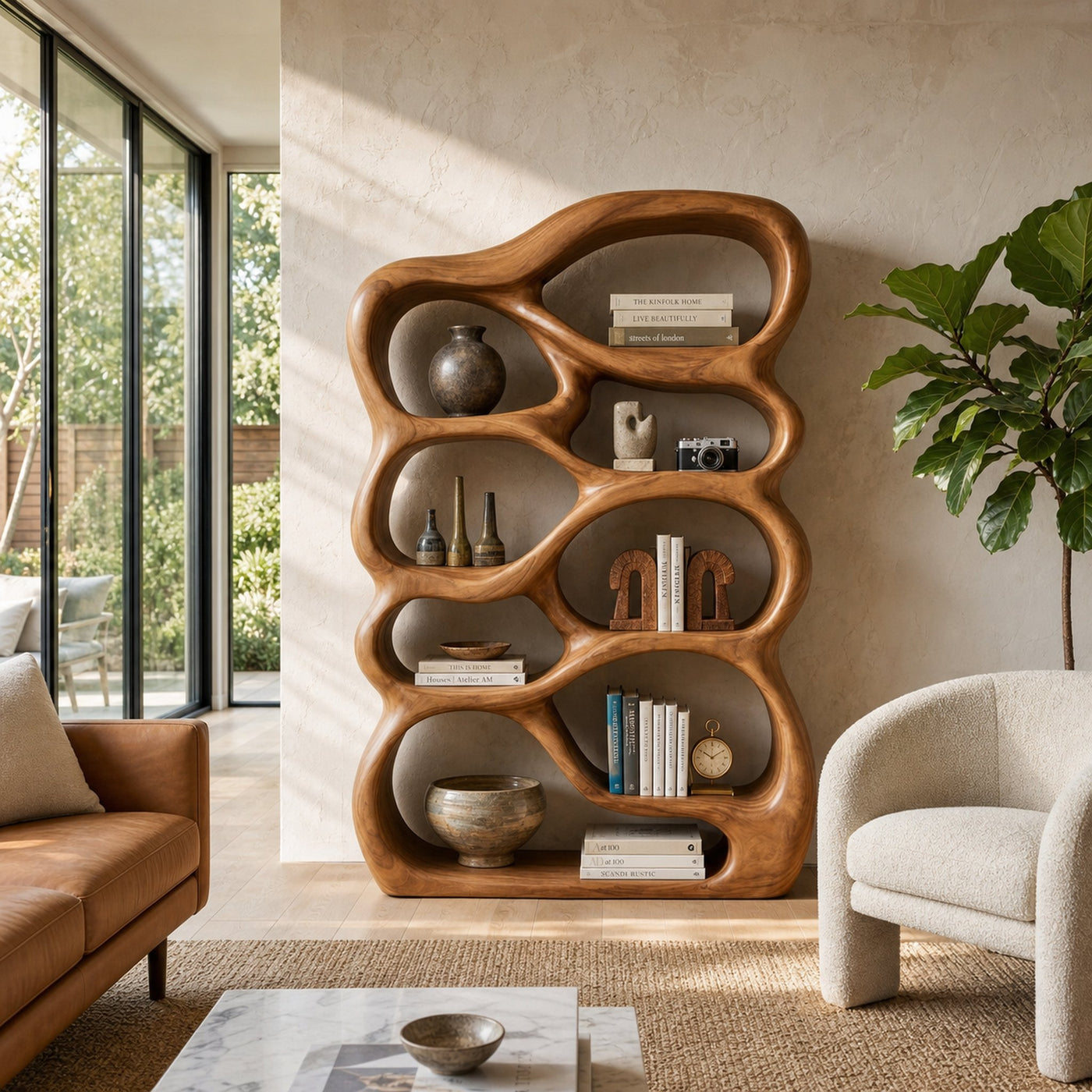 Handcrafted Bookshelf With Curved Open Compartments For Living Room - product view 6