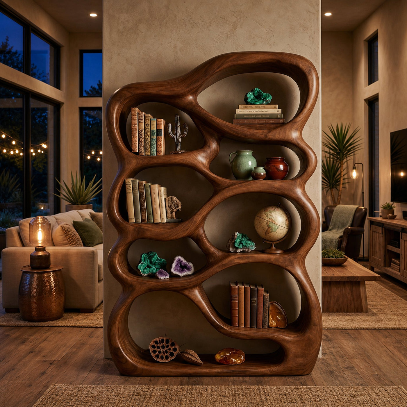 Handcrafted Bookshelf With Curved Open Compartments For Living Room - product view 7