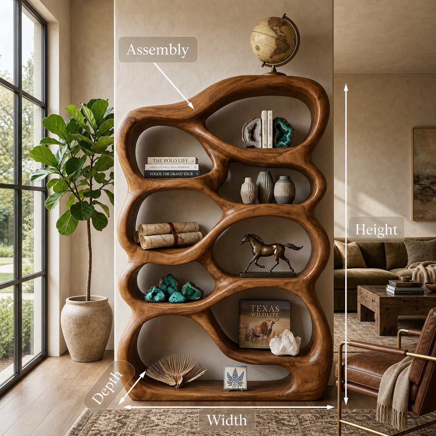 Handcrafted Bookshelf With Curved Open Compartments For Living Room - product view 8