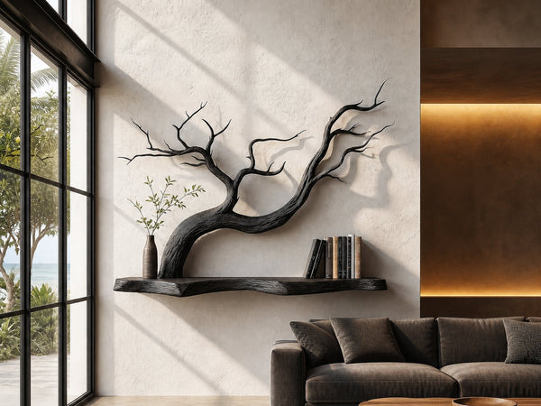 Handcrafted Floating Shelf With Sculptural Tree Branch Form For Living Room