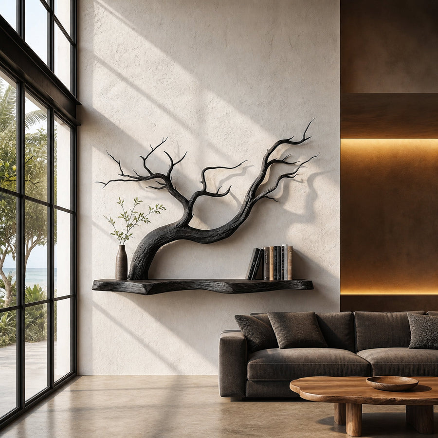 Handcrafted Floating Shelf With Sculptural Tree Branch Form For Living Room