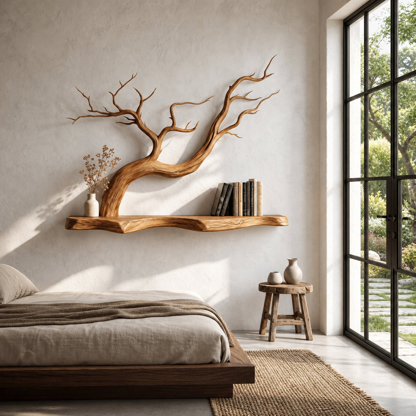 Handcrafted Floating Shelf With Sculptural Tree Branch Form For Living Room - product view 6