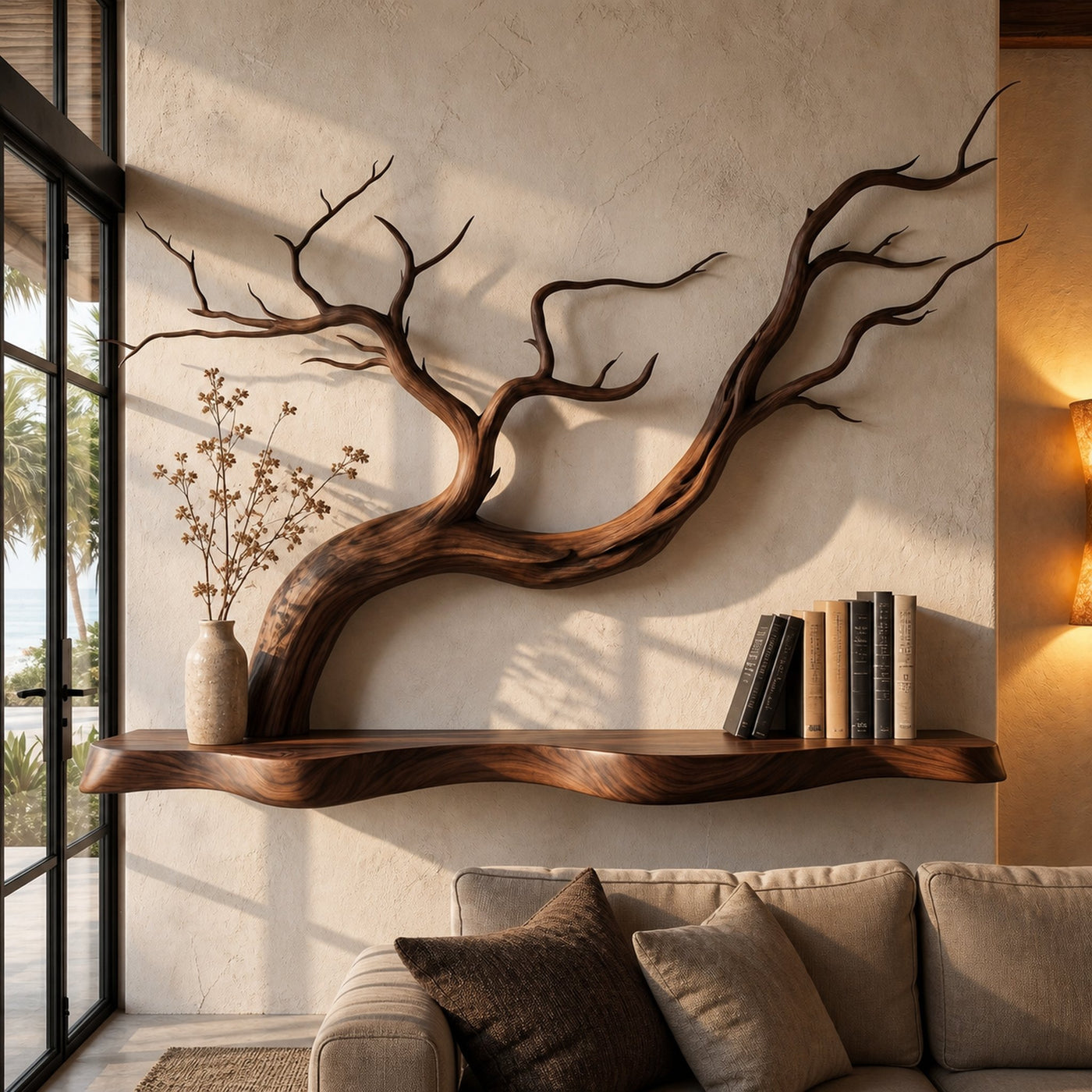 Handcrafted Floating Shelf With Sculptural Tree Branch Form For Living Room - product view 7