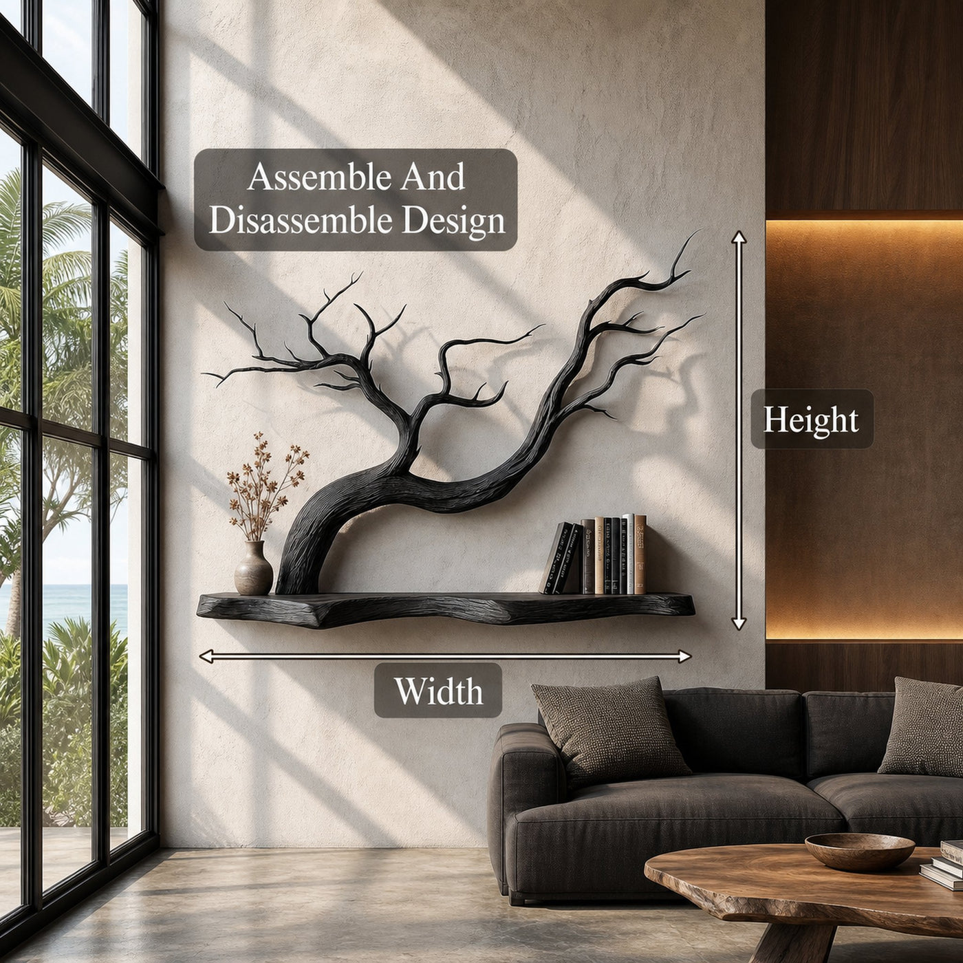 Handcrafted Floating Shelf With Sculptural Tree Branch Form For Living Room - product view 8