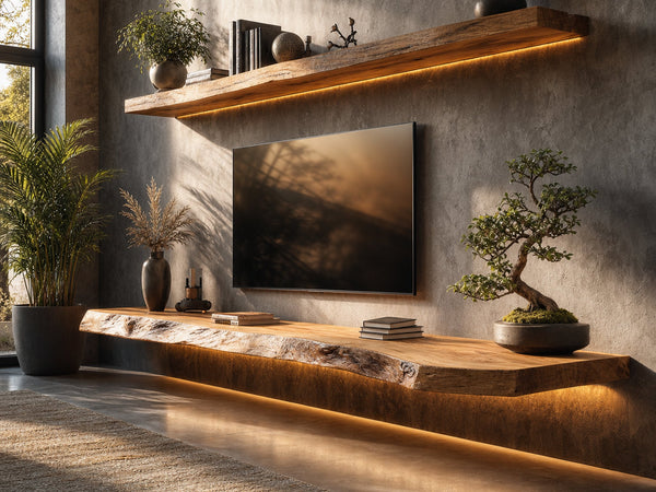 Handcrafted Live Edge Media Shelf Solid Wood Living Room Interior Architectural Feature