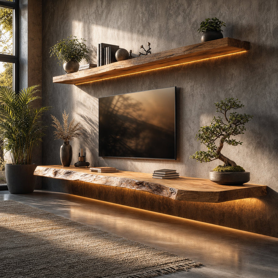 Handcrafted Live Edge Media Shelf Solid Wood Living Room Interior Architectural Feature