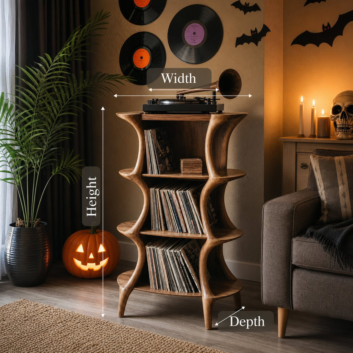 Handcrafted Live Edge Record Stand For Living Room Halloween Style - product view 6