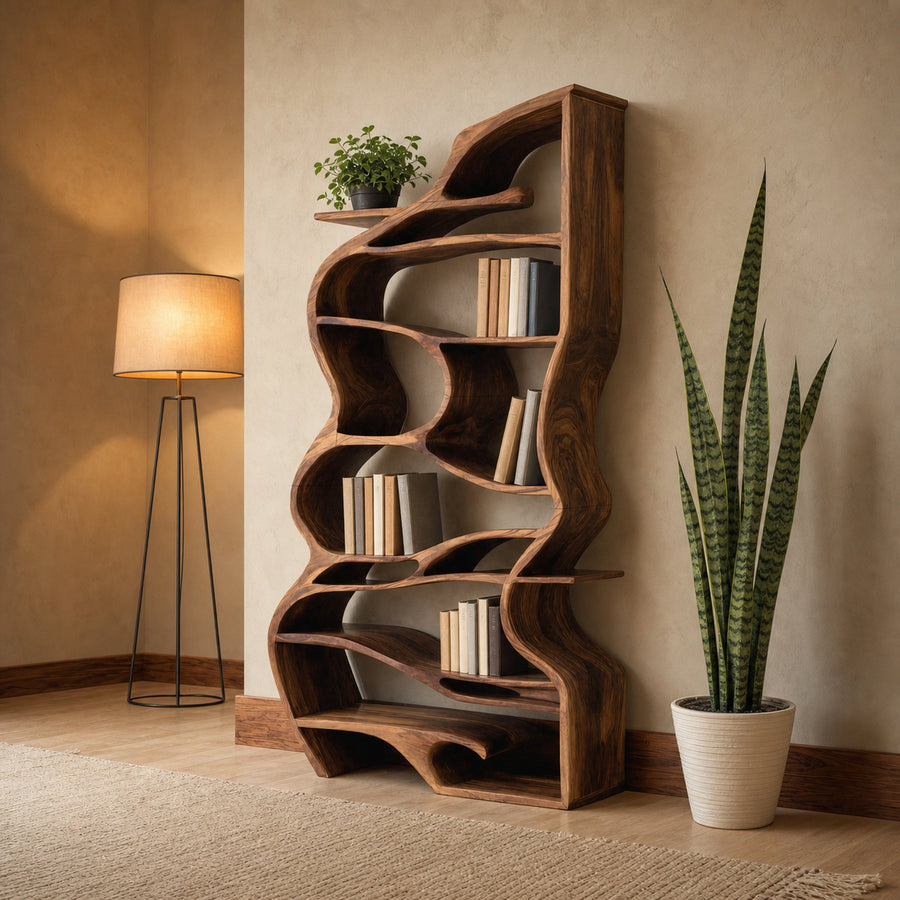 Handcrafted Sculpted Bookshelf With Organic Design For Living Room Or Office