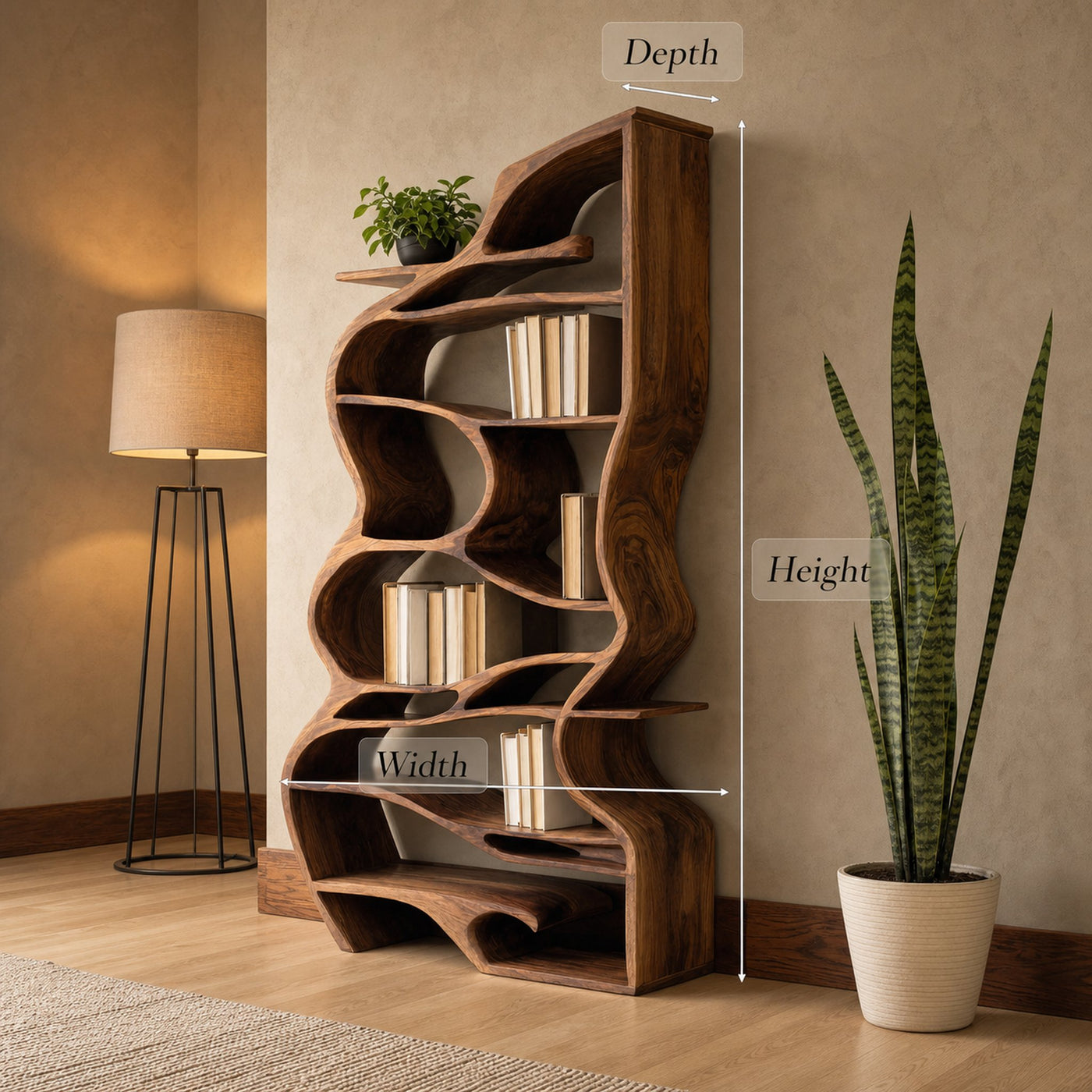 Handcrafted Sculpted Bookshelf With Organic Design For Living Room Or Office - product view 6