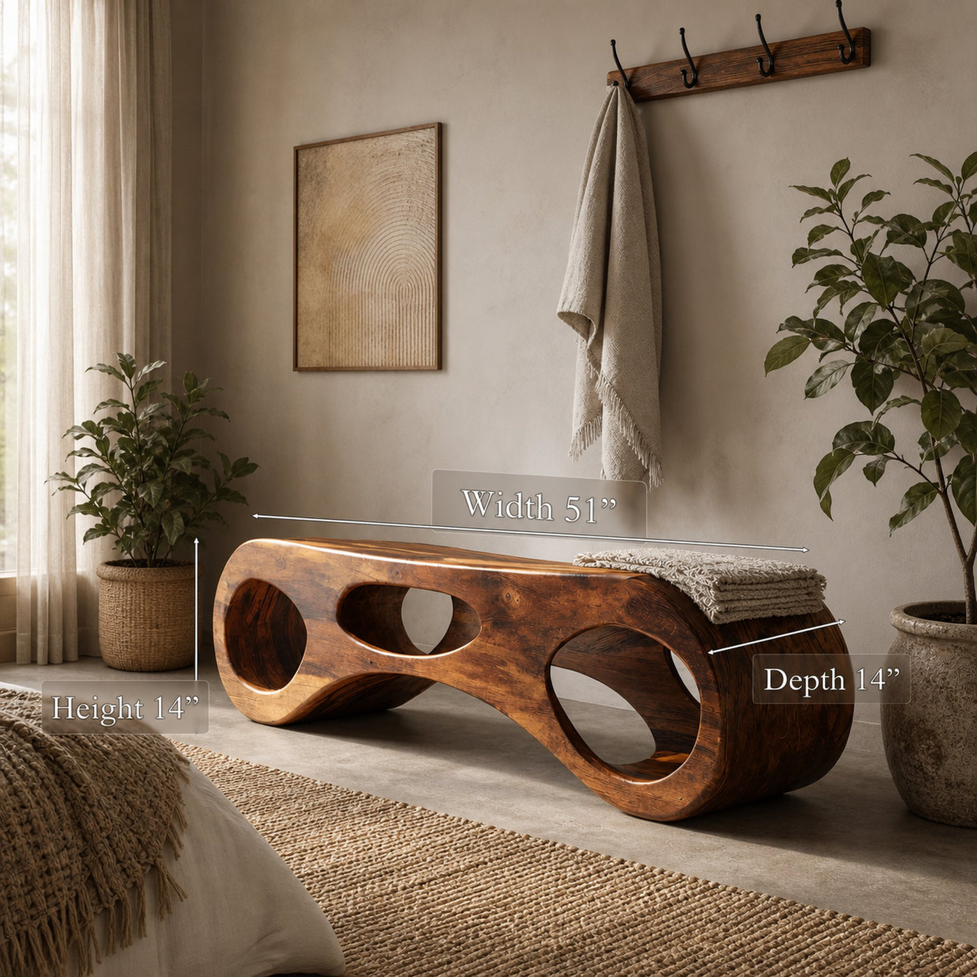 Handcrafted Sculptural Bench For Bedroom Or Entryway - product view 6