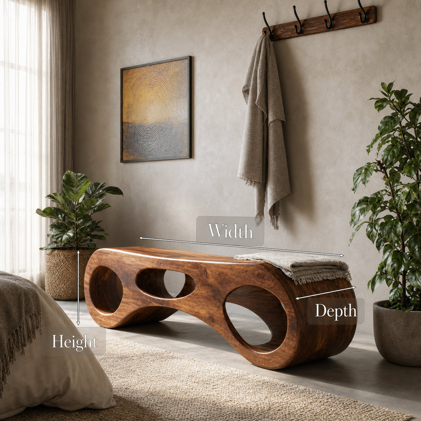 Handcrafted Sculptural Bench For Bedroom Or Entryway - product view 7