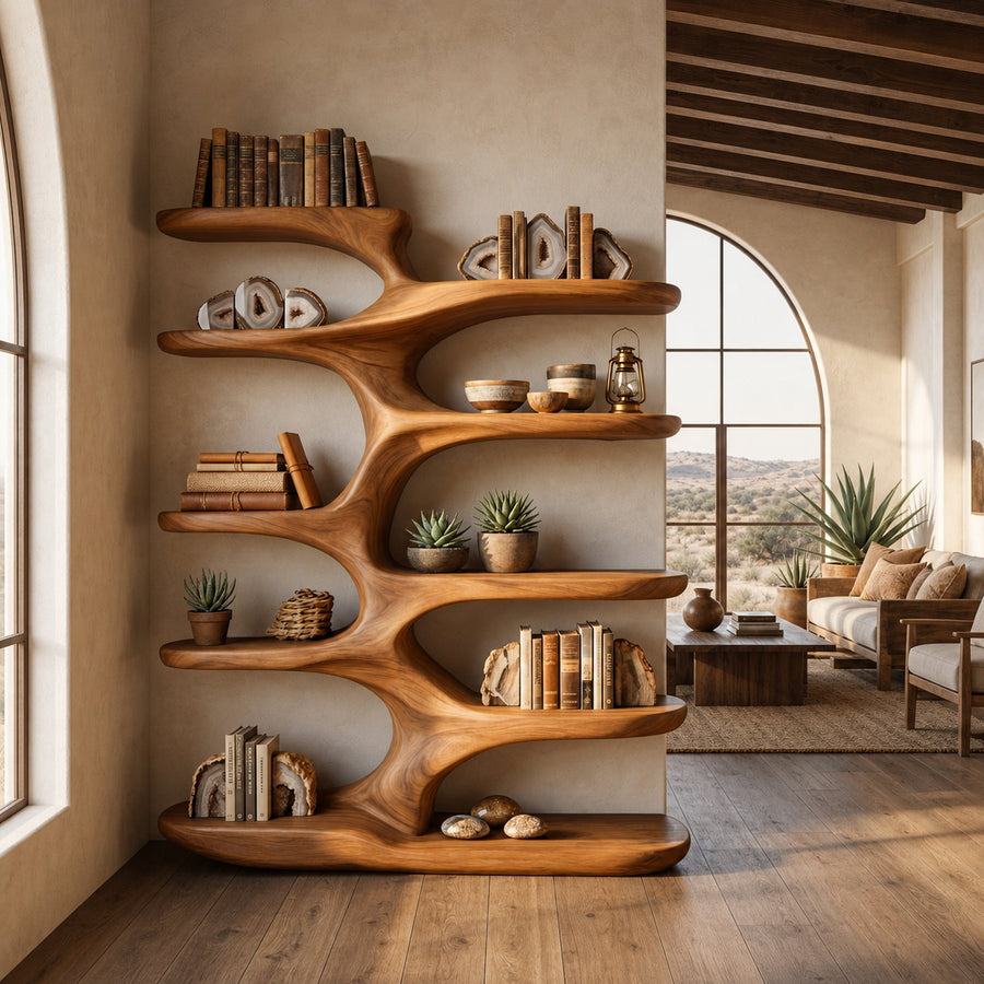 Handcrafted Sculptural Wood Bookshelf For Home Library