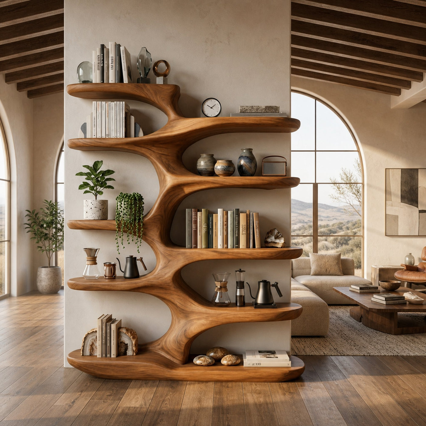 Handcrafted Sculptural Wood Bookshelf For Home Library - product view 6