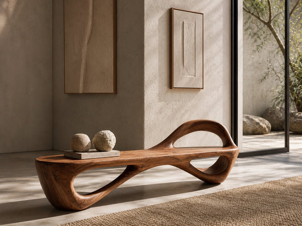 Handcrafted Sculptural Wooden Bench For Living Room Space