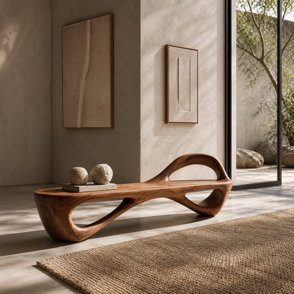 Handcrafted Sculptural Wooden Bench For Living Room Space