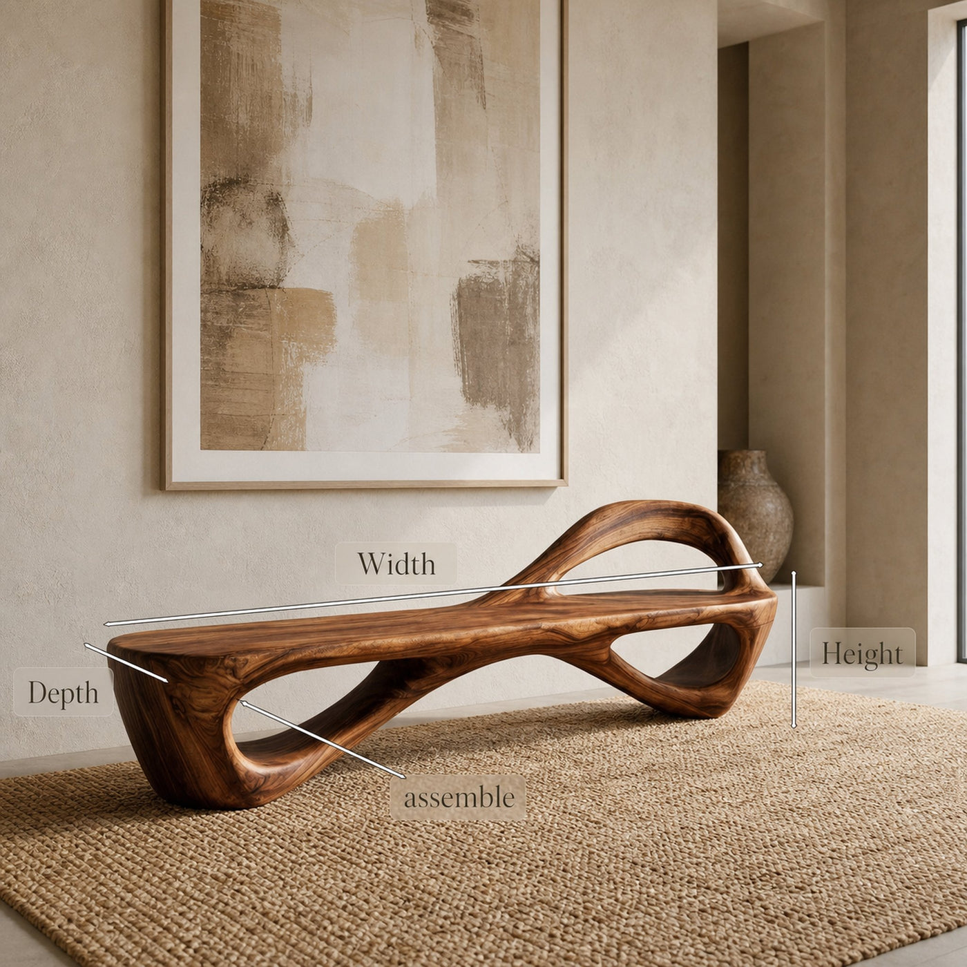 Handcrafted Sculptural Wooden Bench For Living Room Space - product view 7