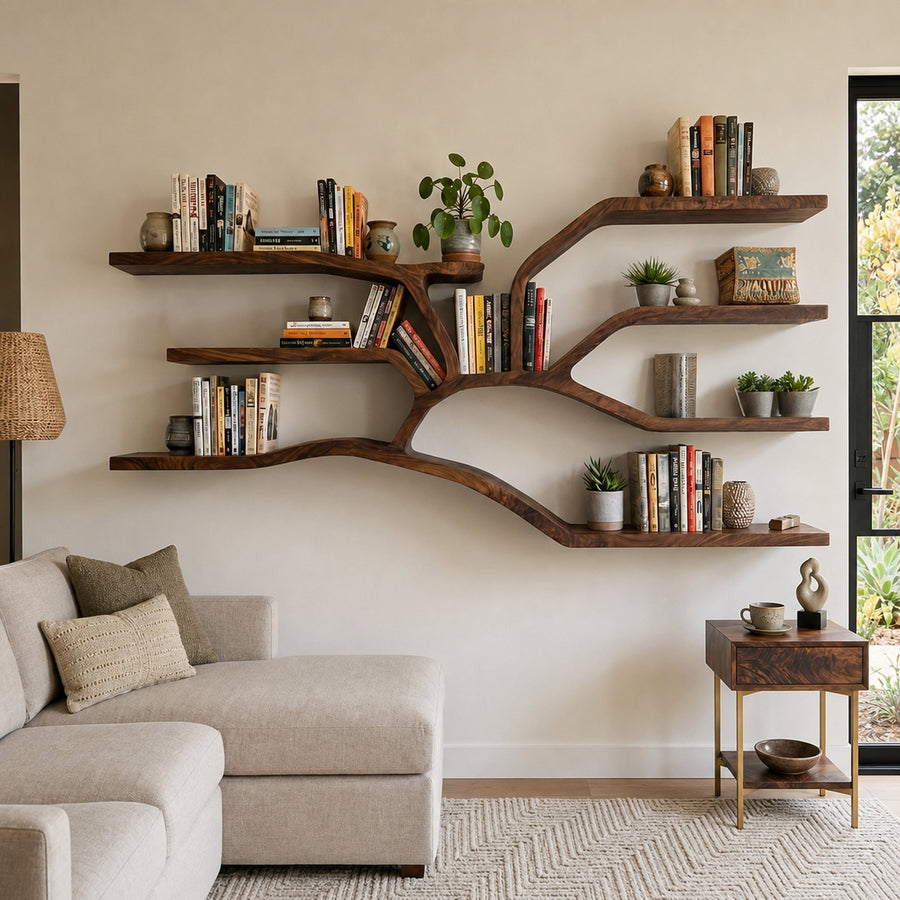 Handcrafted Sculptural Wooden Bookshelf For Living Room Decor