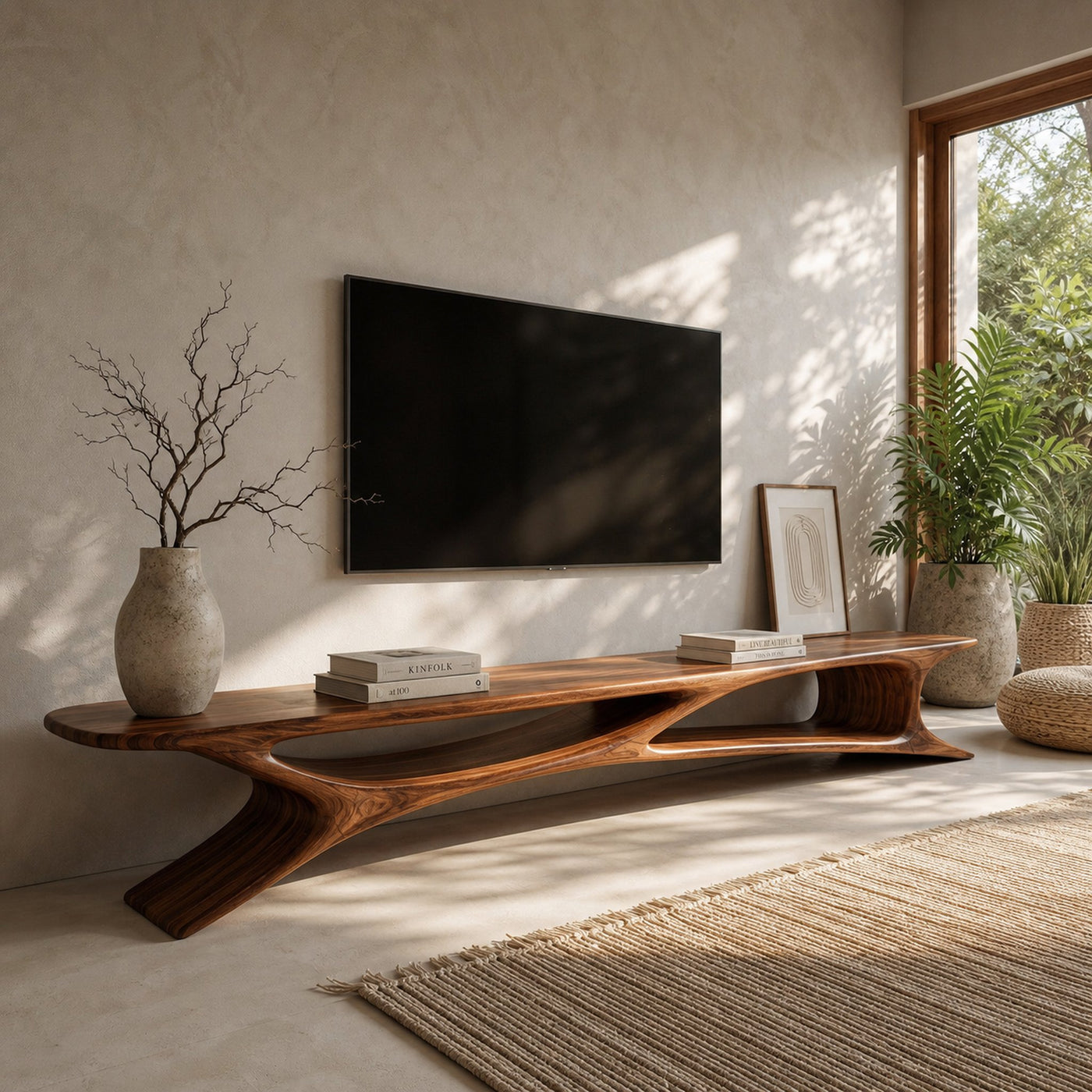 Handcrafted Sculptural Wooden TV Stand For Living Room