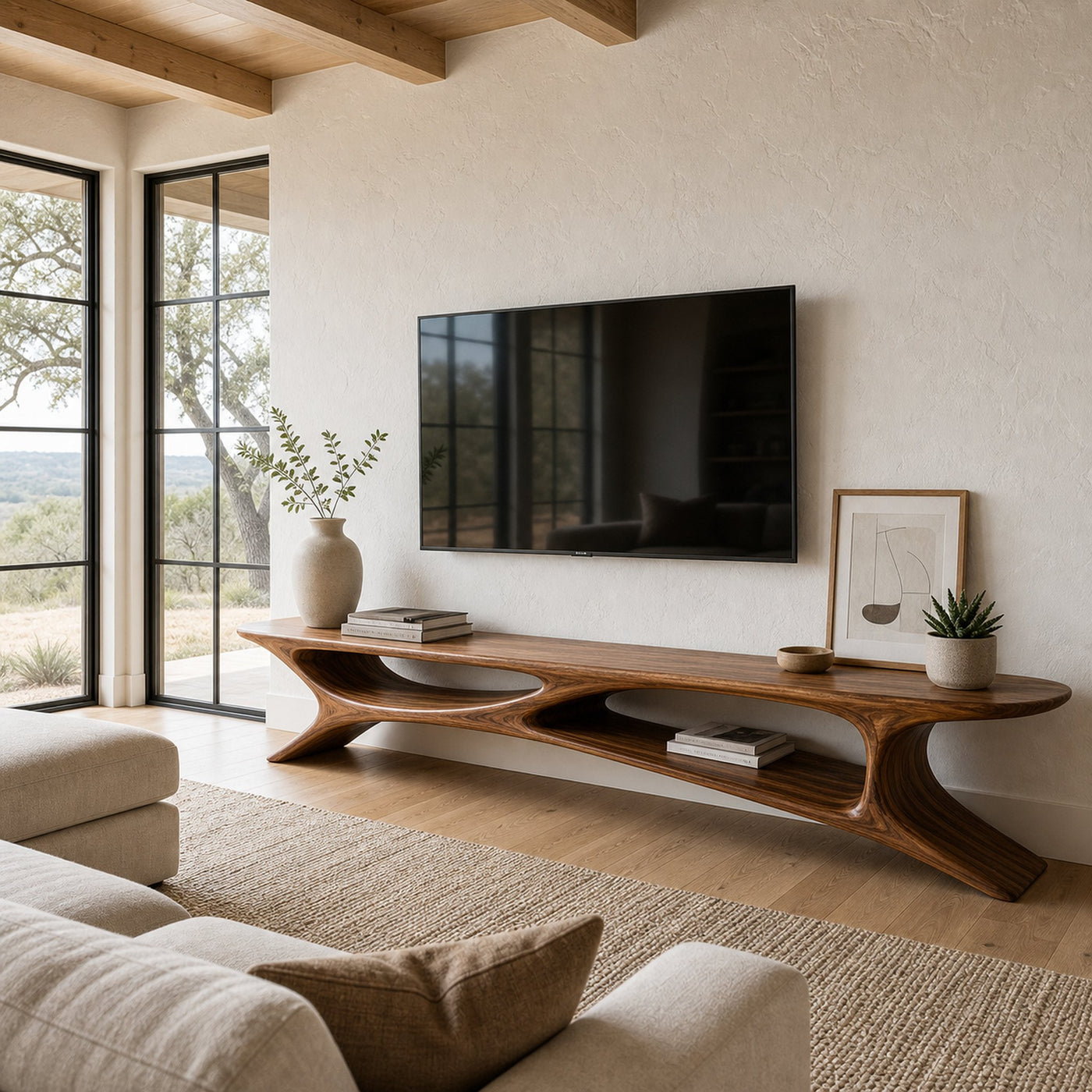 Handcrafted Sculptural Wooden TV Stand For Living Room - product view 6