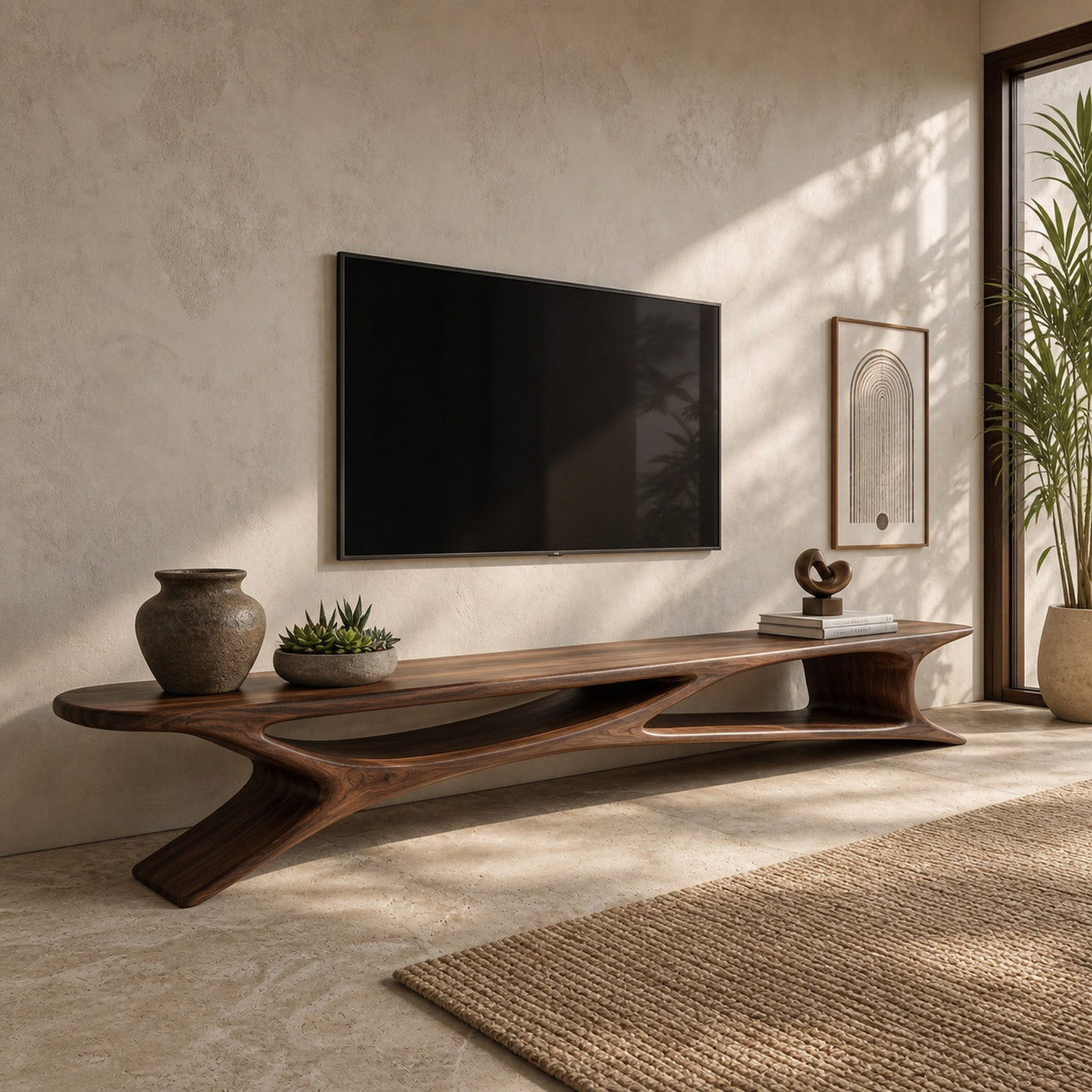 Handcrafted Sculptural Wooden TV Stand For Living Room - product view 7